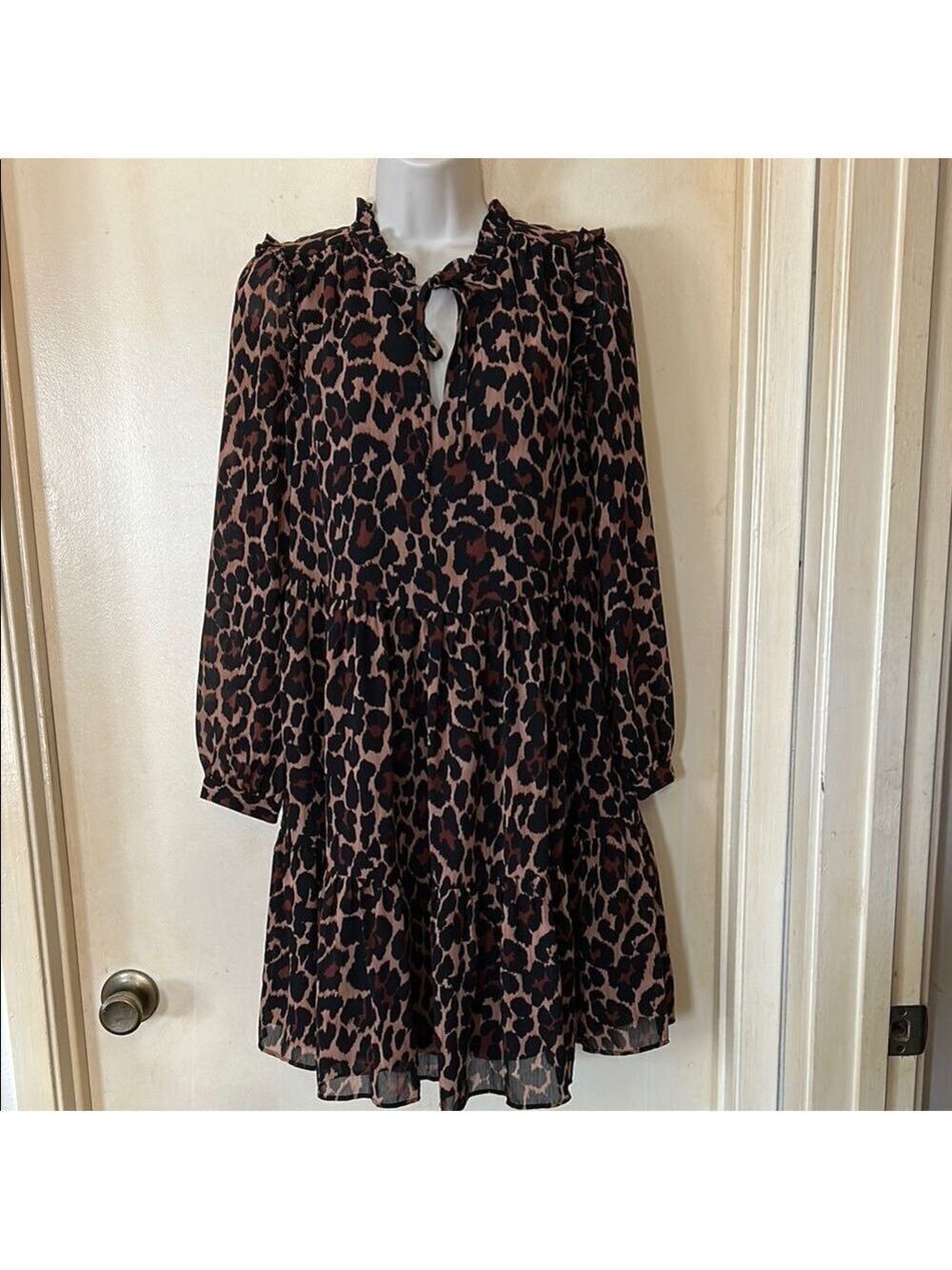 J. Crew Brown and Black Tiered Mini Dress with Bishop Sleeves
